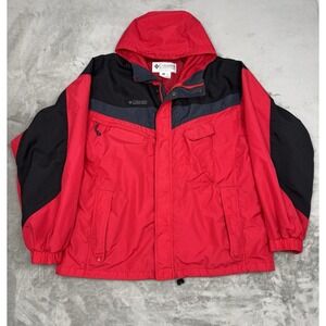 Vintage Columbin Rain Jacket Mens XL Red Black Hooded Nylon Coat Hiking Outdoors